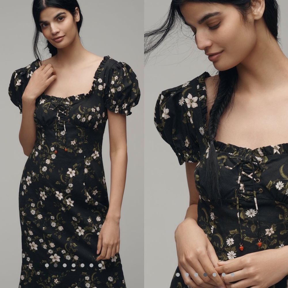 Anthropologie Maeve linen Blend puff sleeve sweetheart midi dress
